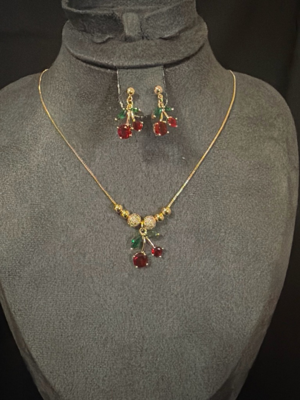 Gold Cherry Pendant Necklace & Earrings - Red and Green